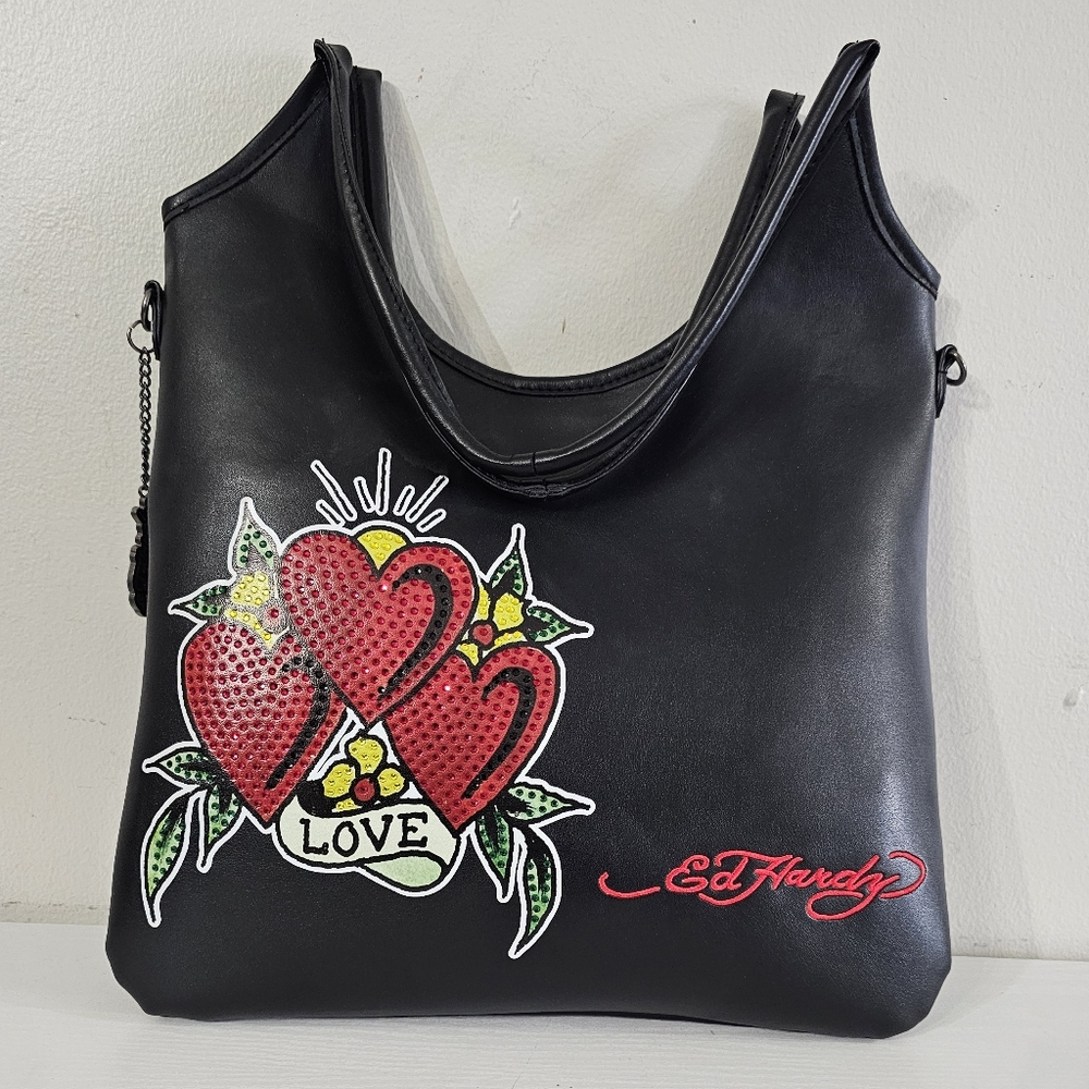 Ed Hardy Black Shoulder Bag Rhinestone Heart Love Design with Logo Charm